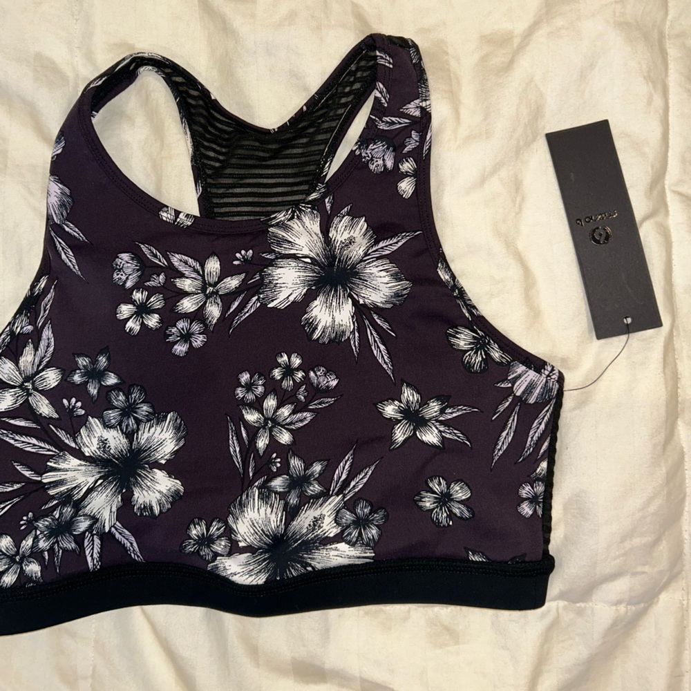 Sport bra, flower pattern, deep purple, new with tags